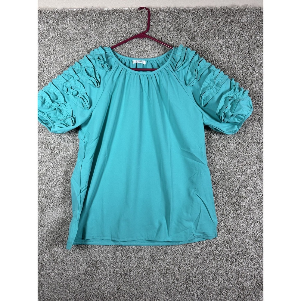 Sage Vell Ruffle Sleeve Blouse Blue Size L Cotton Blend Coquette Romantic Spring